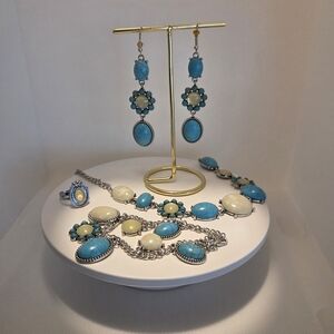 Turquoise & Cream Stone Dangle Earrings — Silver-Tone Drop